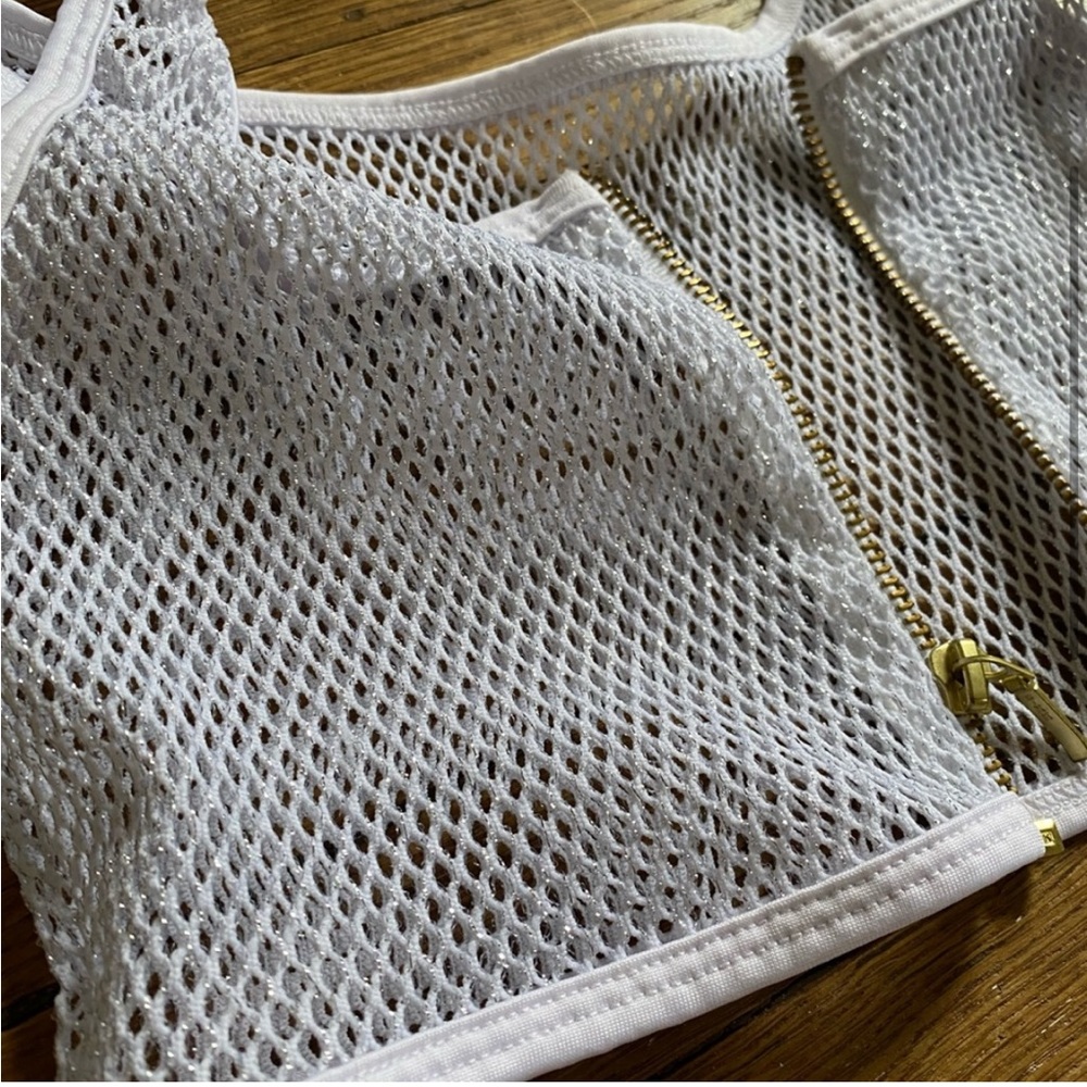 White Zip Up Fishnet Rave Set Size Medium - Picture 4 of 6